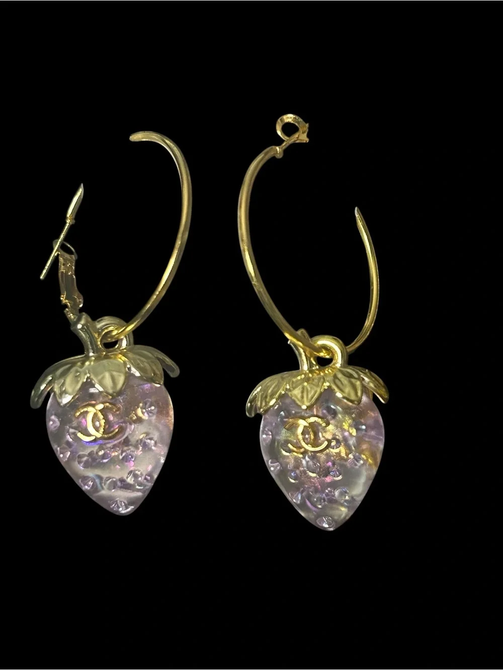 Gold Hoop Earrings with Iridescent Lavender Strawberry Charms by CHANEL
